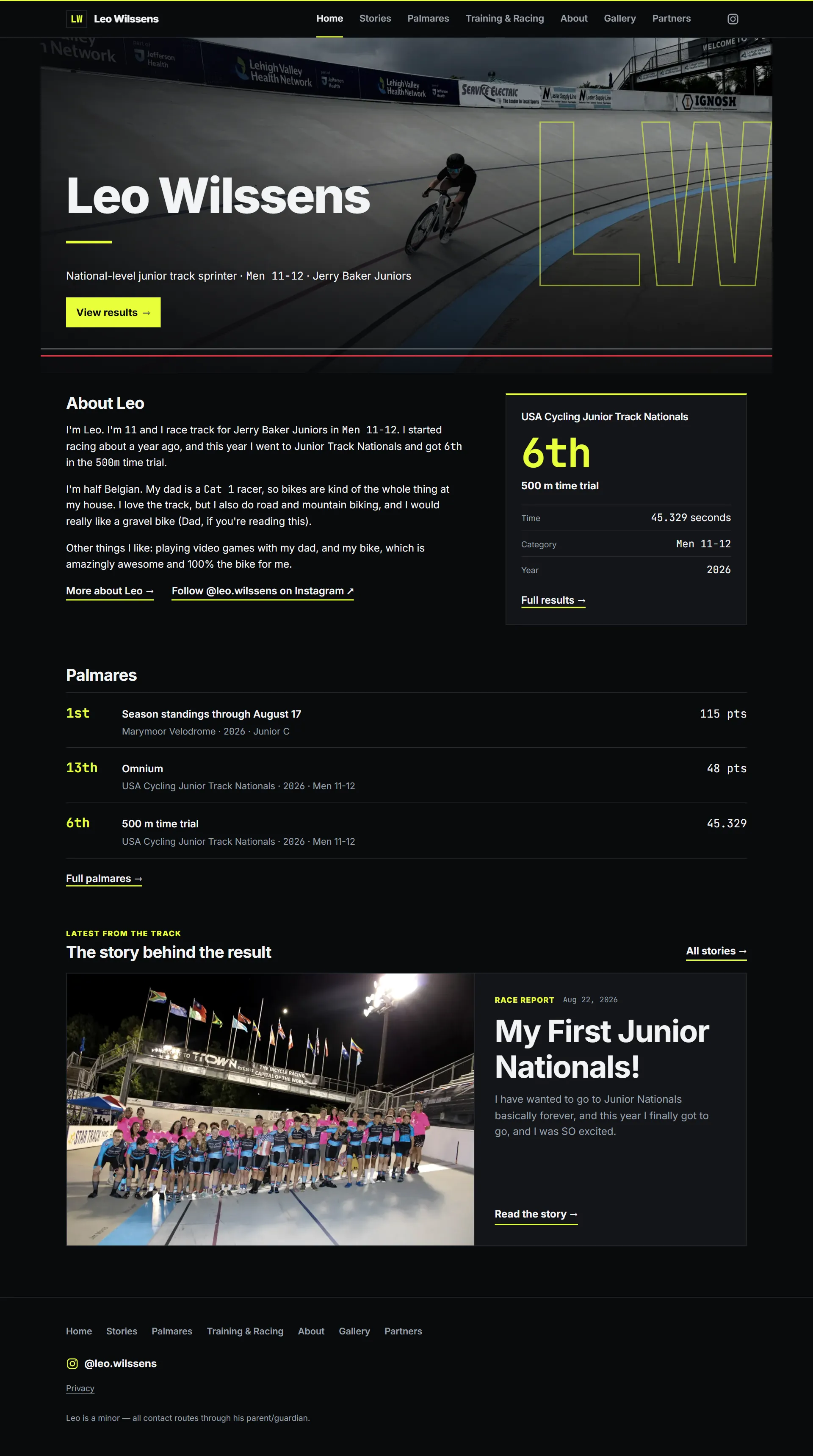 La page d’accueil de leo.wilssens.com : Leo en course sur un vélodrome sous le titre « Leo Wilssens », avec ses résultats en dessous.